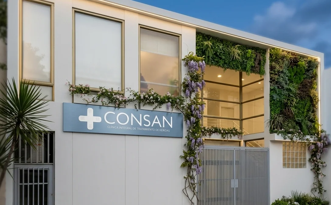 Fachada de Clínica Consan con jardín vertical y cartel +CONSAN